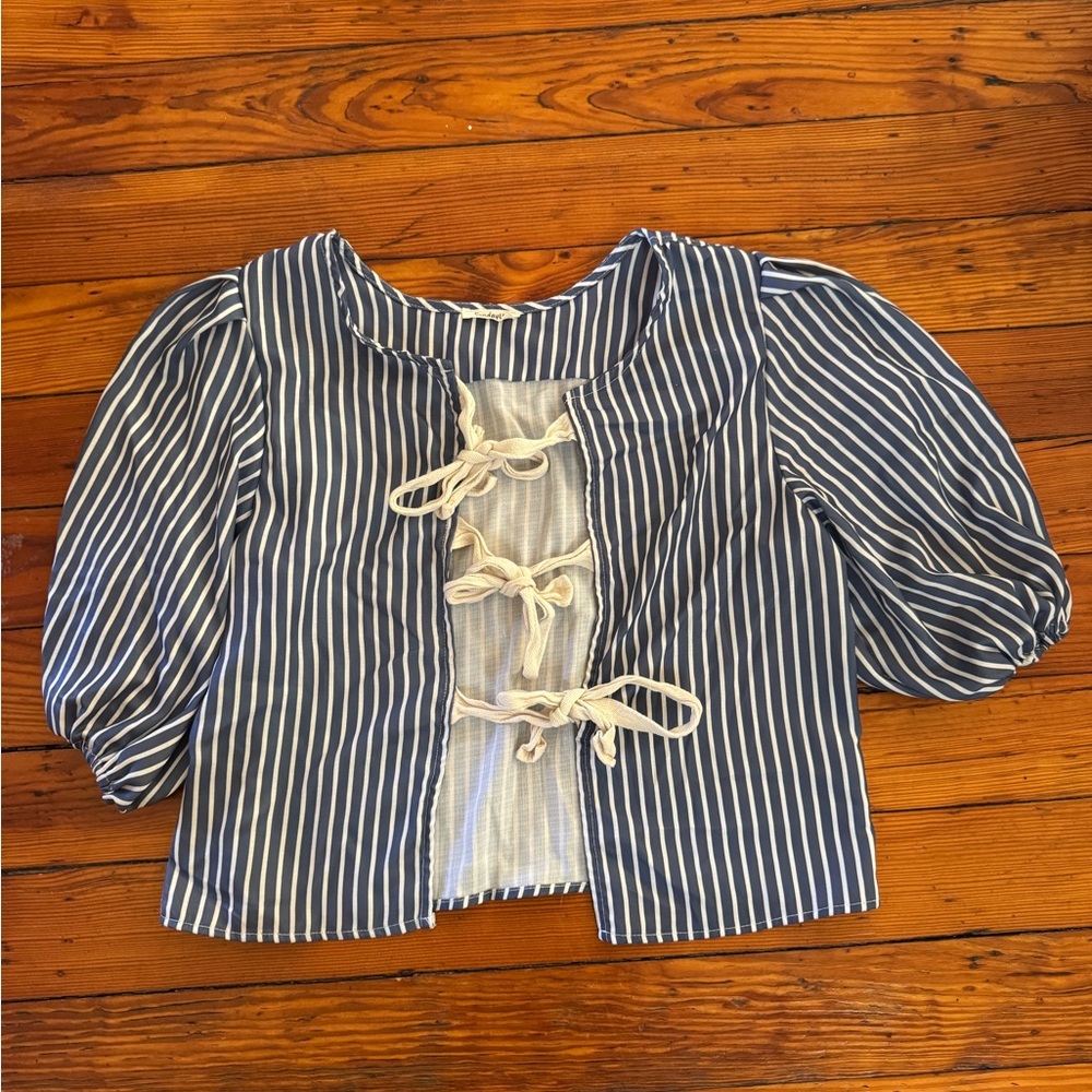3 for $10 Sunday Blue and White Striped Blouse with Lace-Up Front